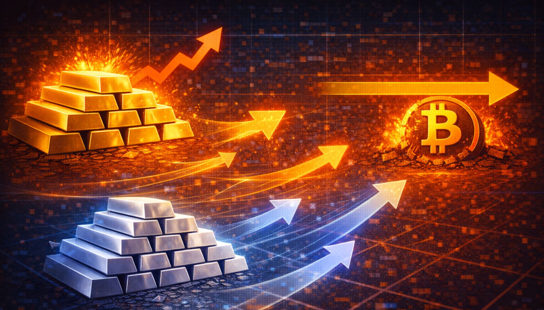 Золото и серебро растут, а биткойн падает: почему капитал перетекает в драгоценные металлы
