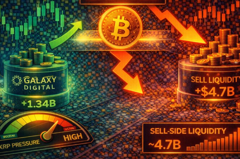 Биткойн тестирует ключевое сопротивление, в то время как ликвидность на стороне продаж растет на 4,7 миллиарда долларов